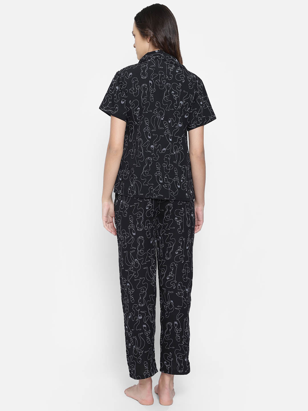 Abstract Print Shirt & Pyjama Set In Black