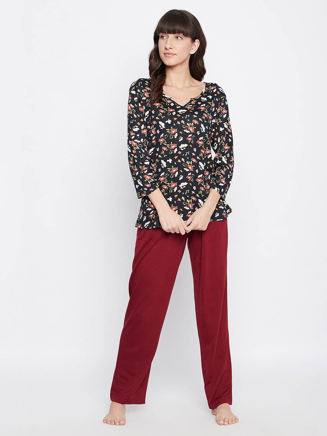 Black Florals Top & Maroon Chic Basic Pyjama