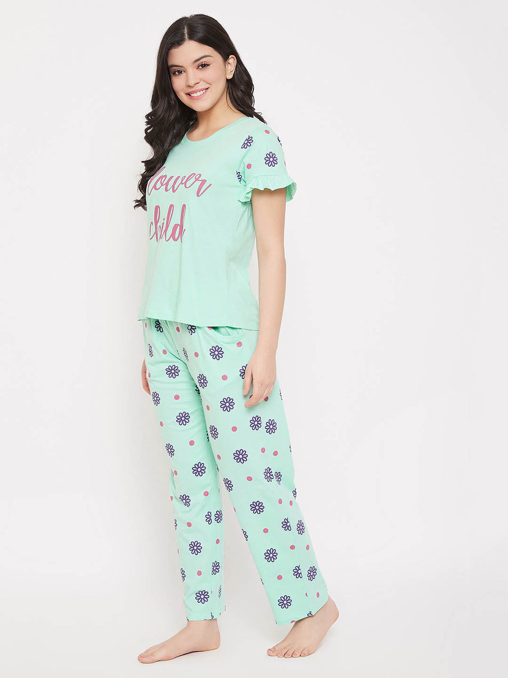 Sea Green Print Top & Pretty Florals Pyjama