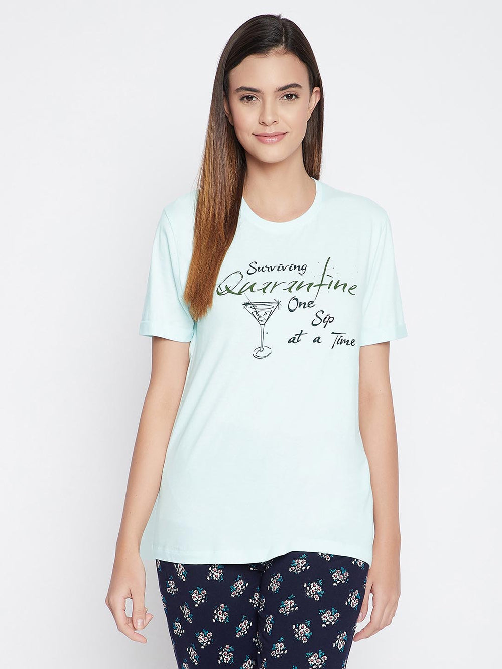 Sky Blue Text & Graphic Print Sleep T-Shirt
