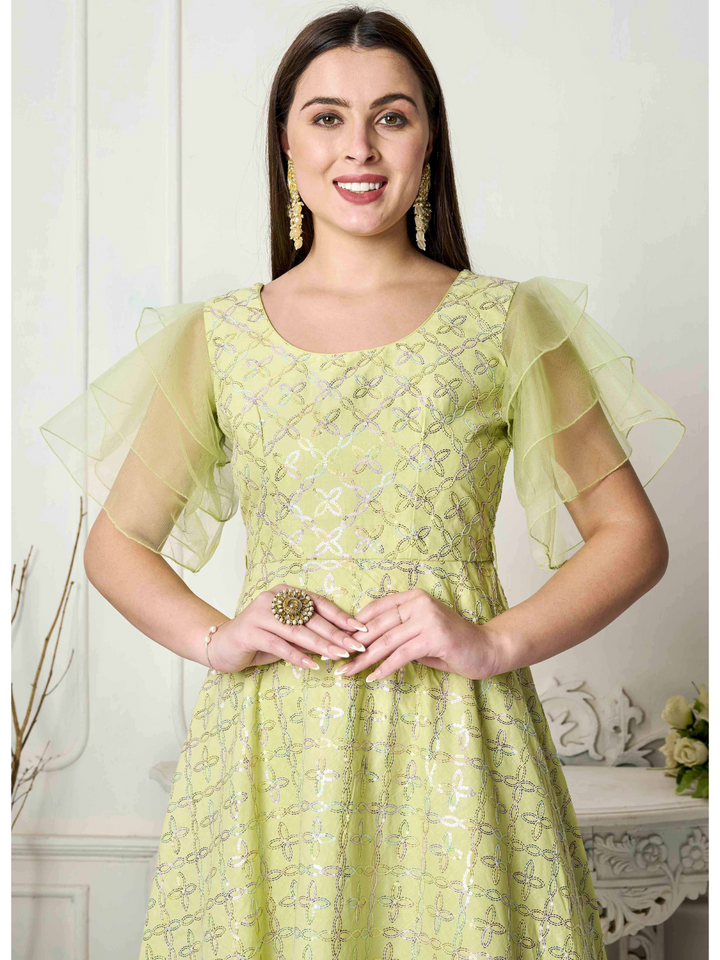 Laurel Green Flirty Sleeve Cotton Sequined Gown