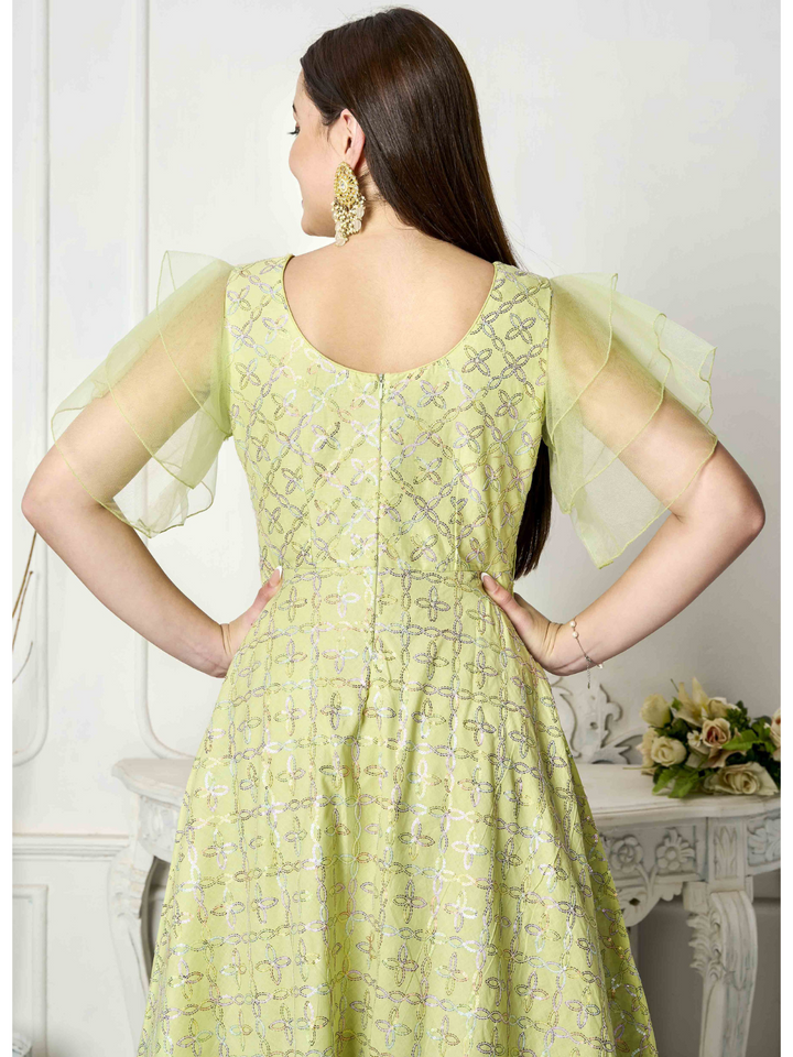 Laurel Green Flirty Sleeve Cotton Sequined Gown