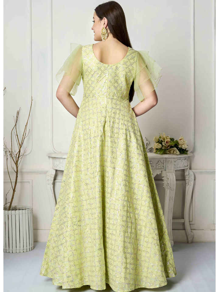 Laurel Green Flirty Sleeve Cotton Sequined Gown