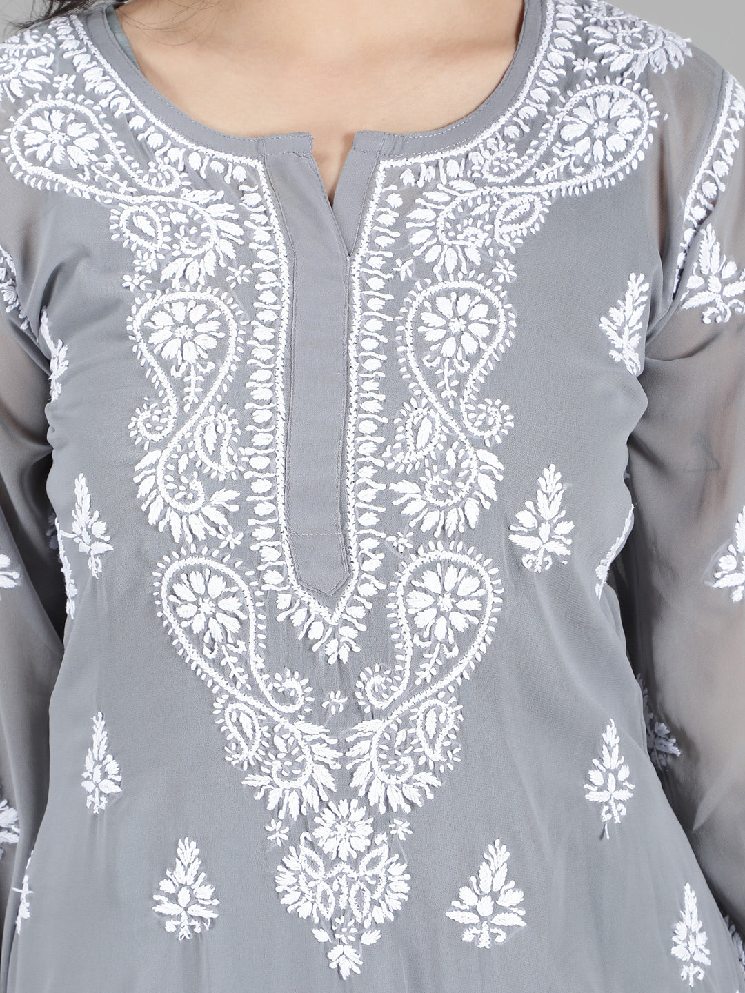 Lava Grey Georgette Chikan Kurta & Inner Slip