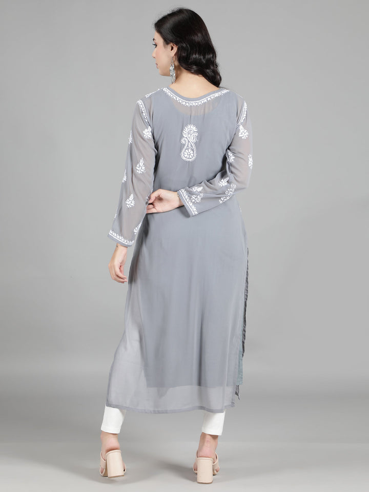 Lava Grey Georgette Chikan Kurta & Inner Slip