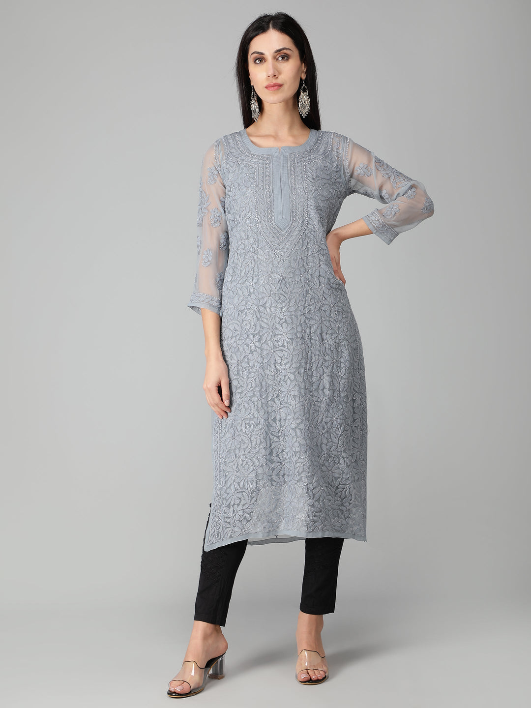 Lava-Grey-Georgette-Chikan-Kurta-with-Slip