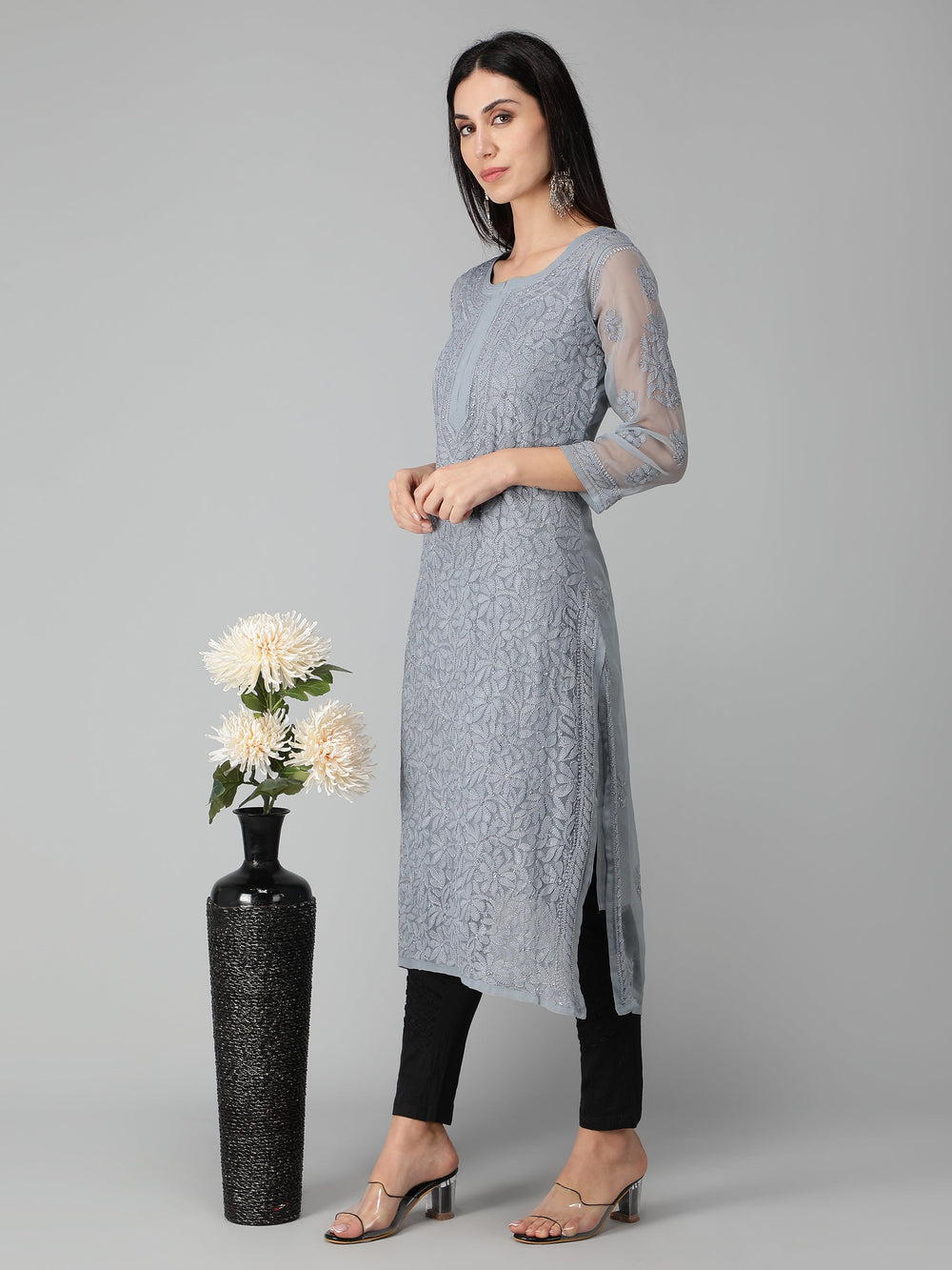 Lava-Grey-Georgette-Chikan-Kurta-with-Slip