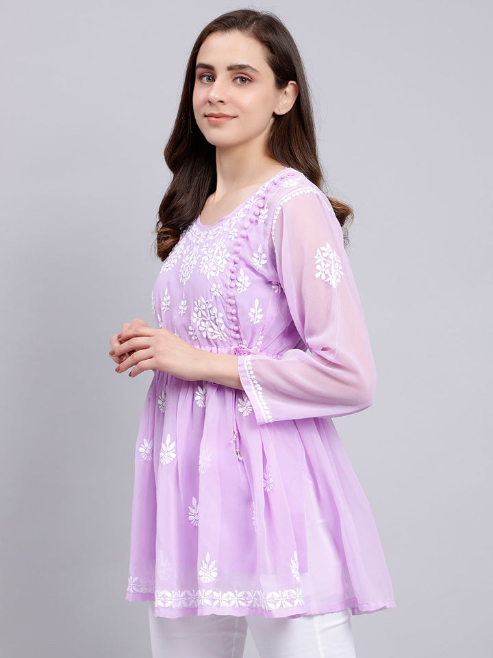 Lavender Georgette Angarkha Chikankari Tunic Top With Slip