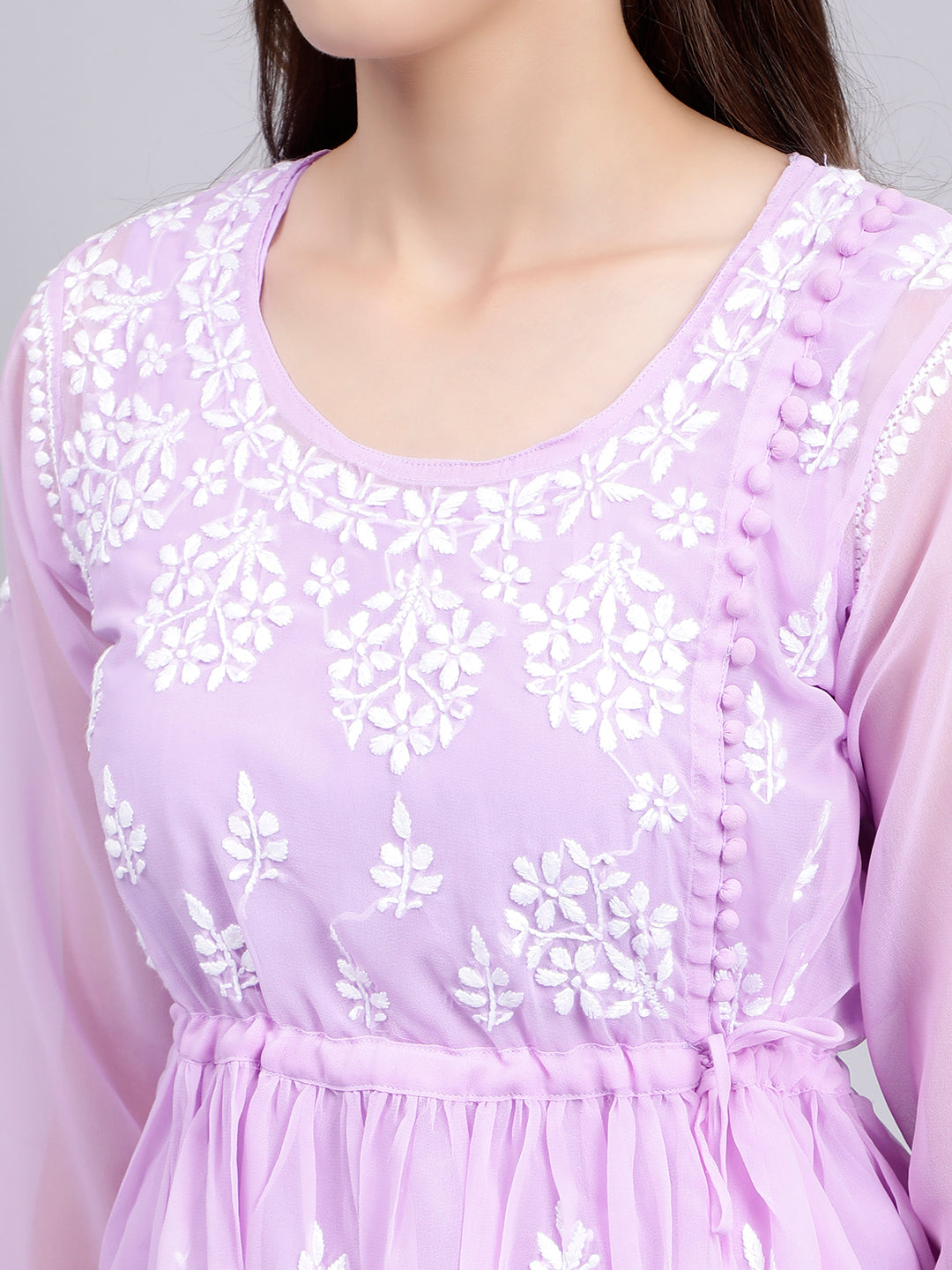 Lavender Georgette Angarkha Chikankari Tunic Top With Slip