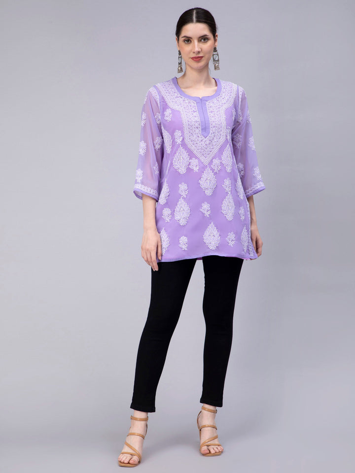 Lavender Georgette Chikankari Tunic Top With Inner Slip