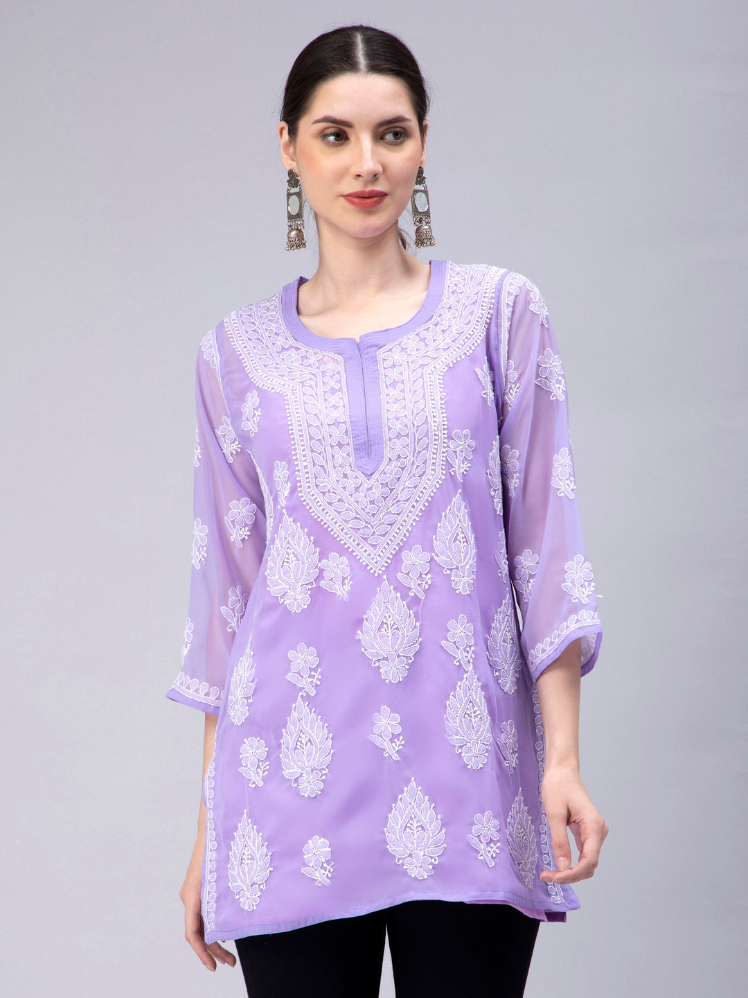 Lavender Georgette Chikankari Tunic Top With Inner Slip