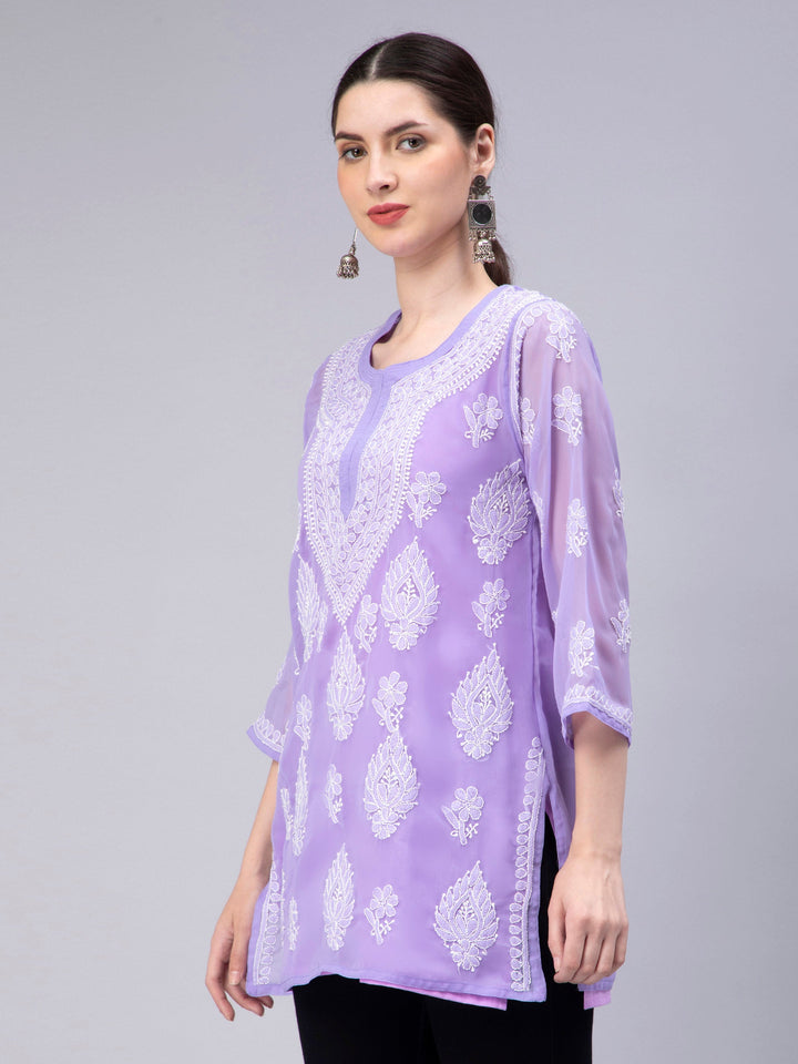 Lavender Georgette Chikankari Tunic Top With Inner Slip