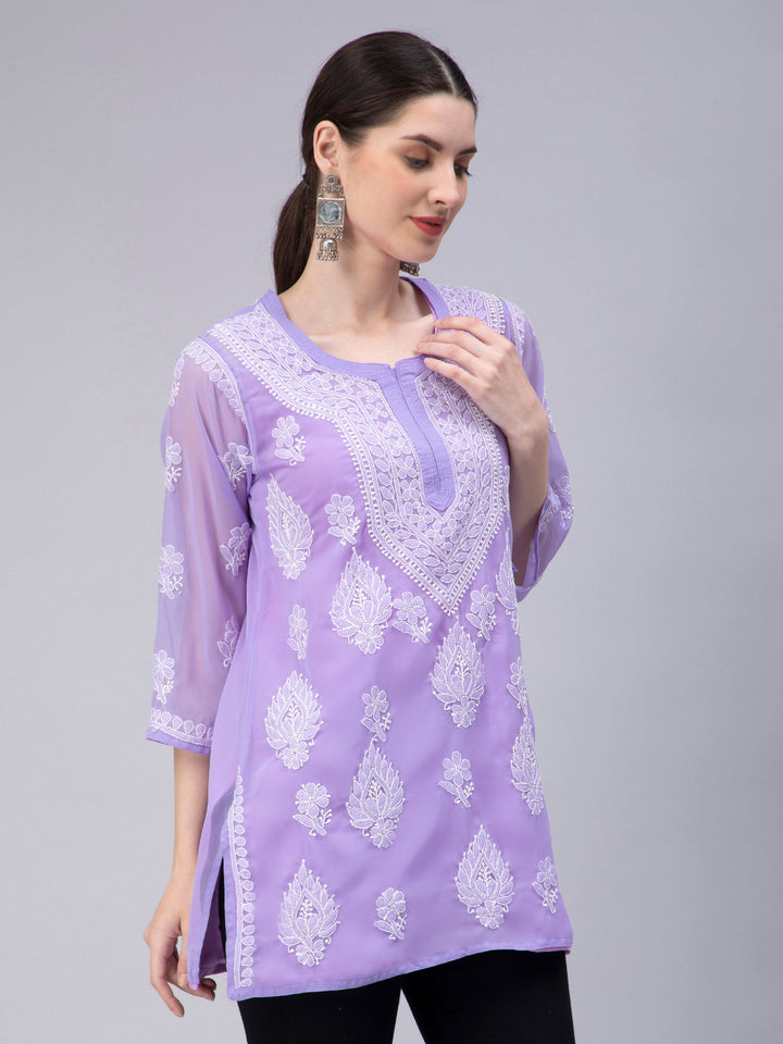 Lavender Georgette Chikankari Tunic Top With Inner Slip