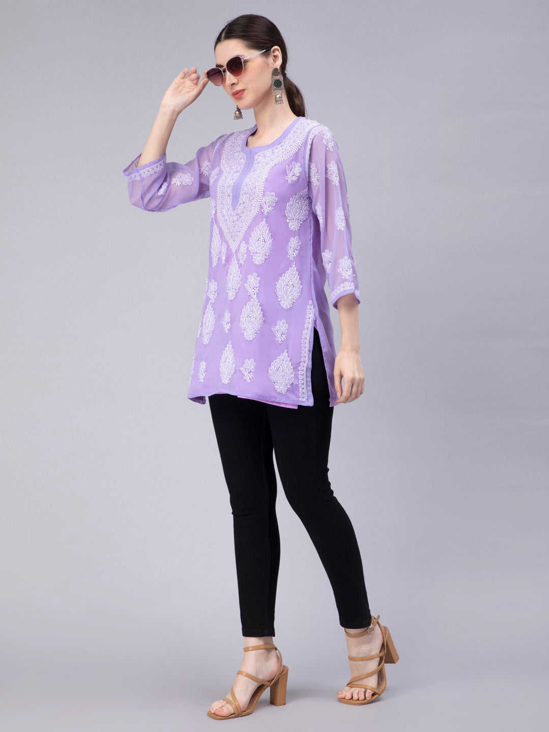 Lavender Georgette Chikankari Tunic Top With Inner Slip