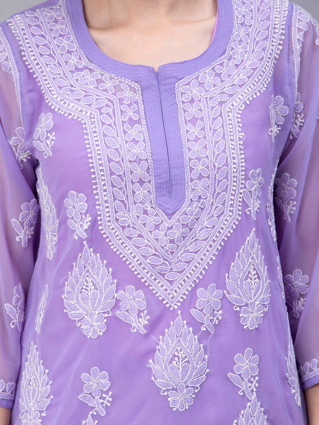 Lavender Georgette Chikankari Tunic Top With Inner Slip