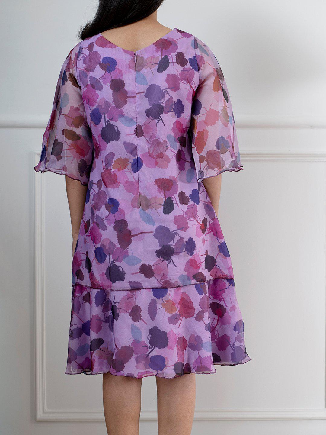 Lavender Polyester Printed Flared Dress