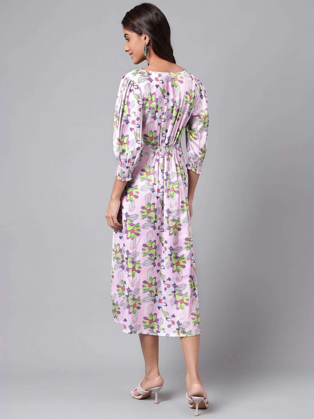 Lavender Satin V-Neck Dress with Multicolor Prints