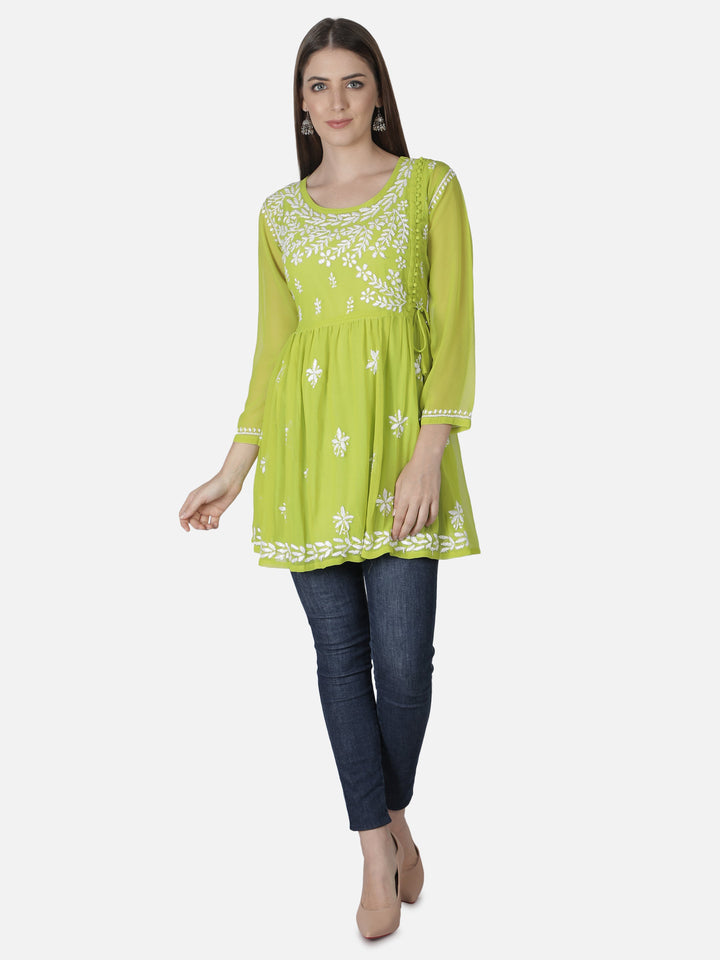 Green Georgette Angarkha Chikankari Tunic Top With Slip