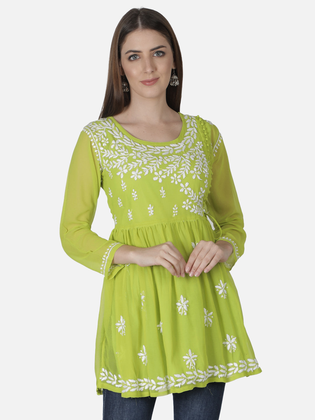 Green Georgette Angarkha Chikankari Tunic Top With Slip