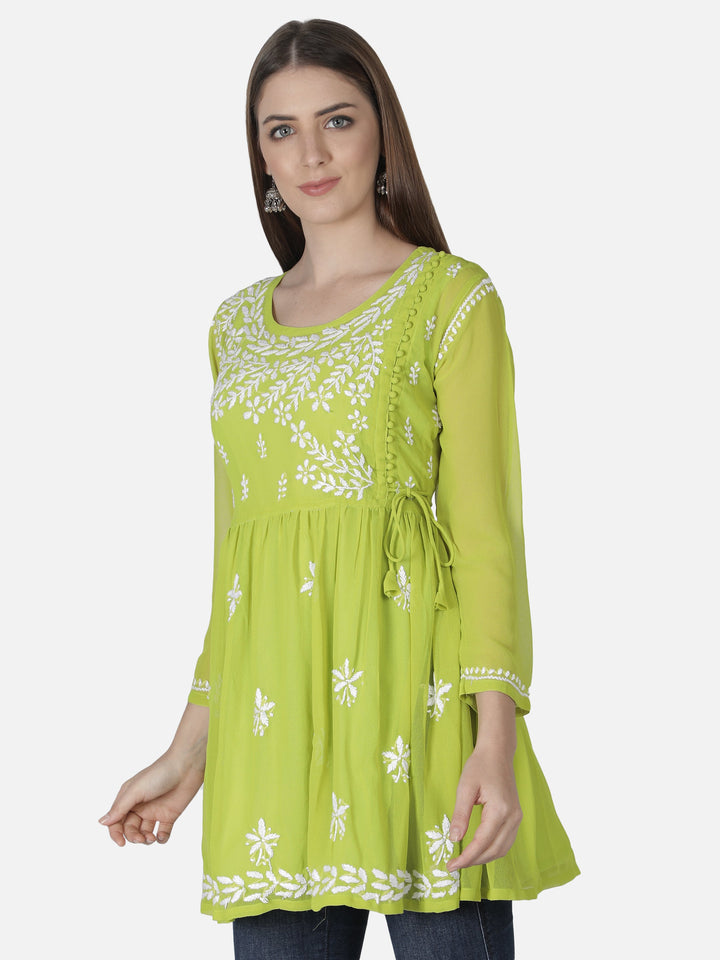 Green Georgette Angarkha Chikankari Tunic Top With Slip