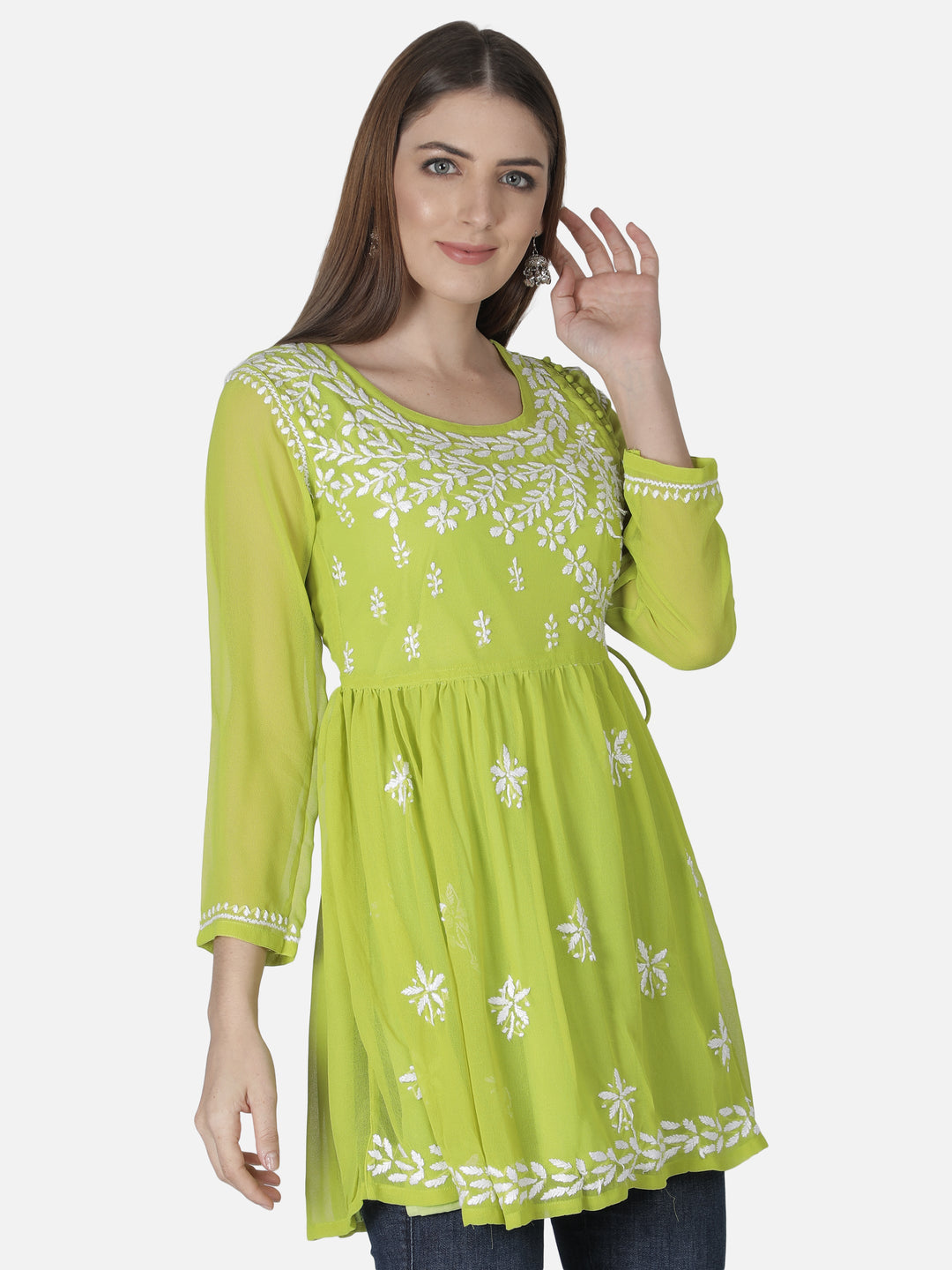 Green Georgette Angarkha Chikankari Tunic Top With Slip