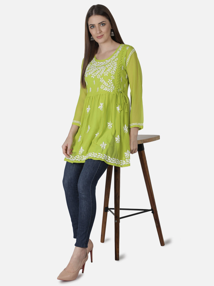 Green Georgette Angarkha Chikankari Tunic Top With Slip