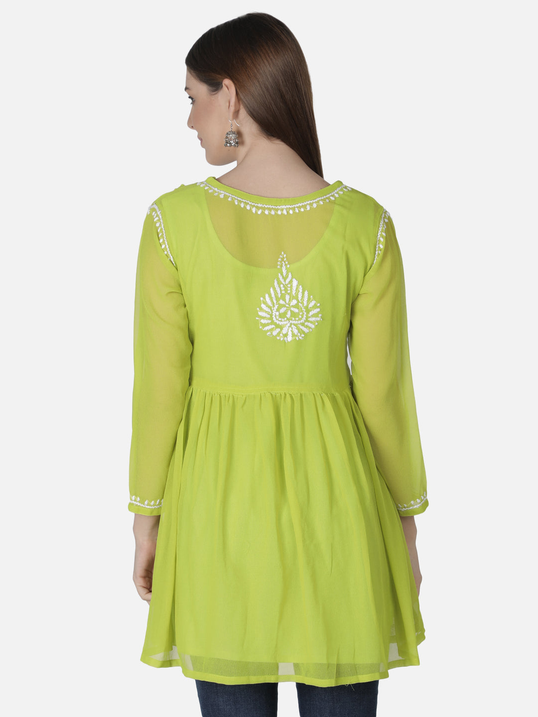 Green Georgette Angarkha Chikankari Tunic Top With Slip