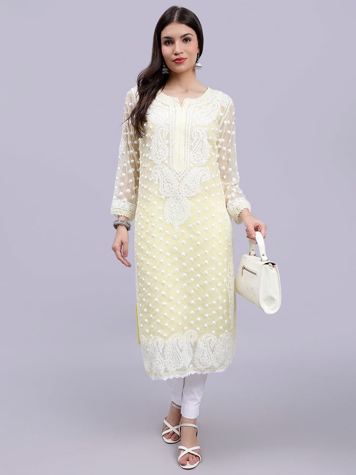 Lemon Georgette Polka Dot & Paisley Chikankari Kurti with Slip