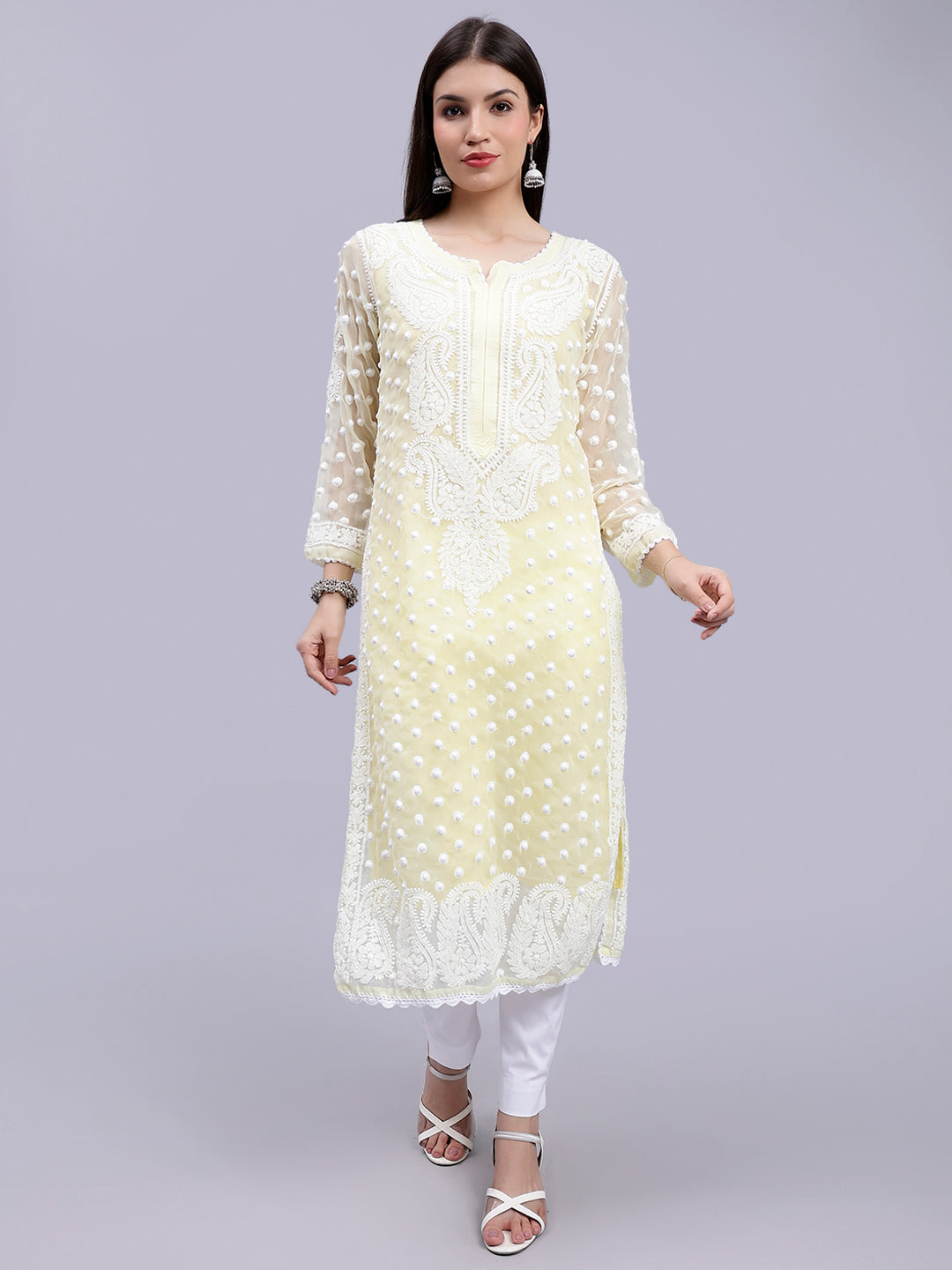 Lemon Georgette Polka Dot & Paisley Chikankari Kurti with Slip