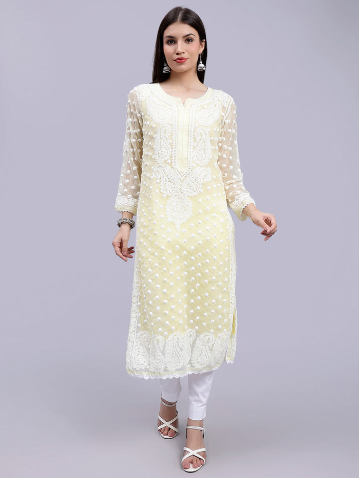 Lemon Georgette Polka Dot & Paisley Chikankari Kurti with Slip