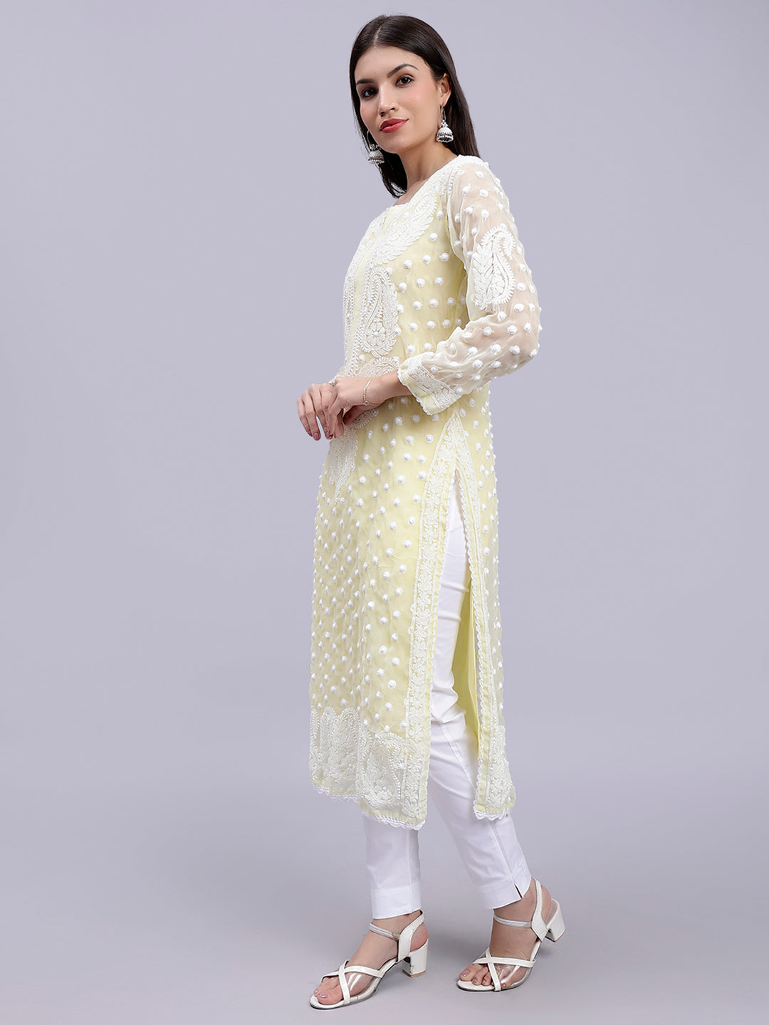 Lemon Georgette Polka Dot & Paisley Chikankari Kurti with Slip