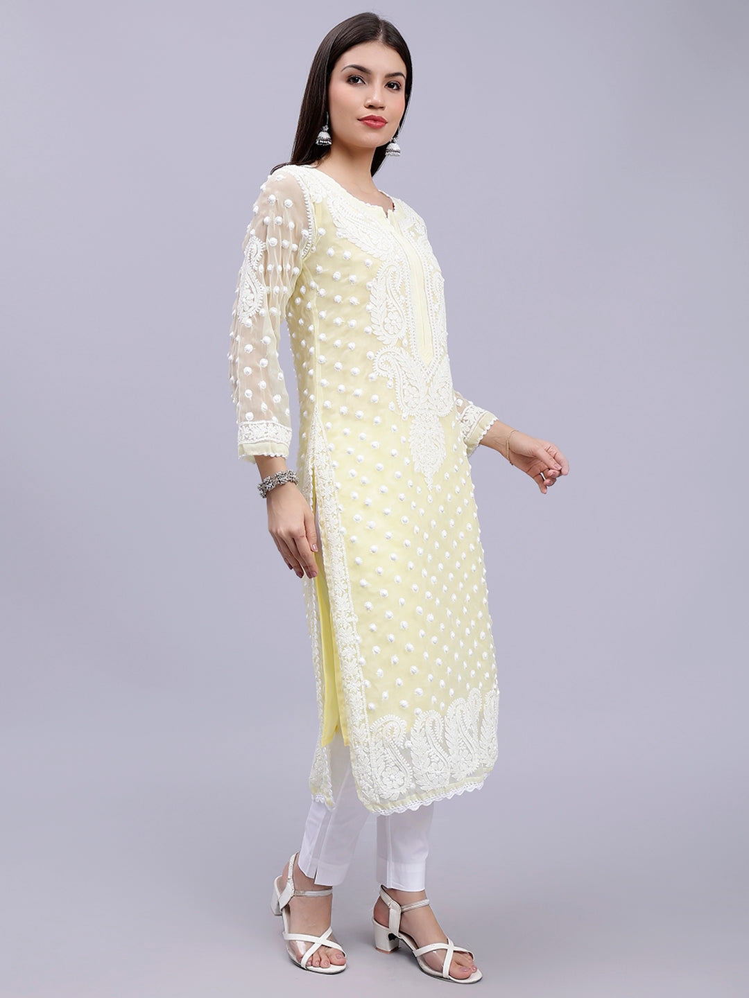 Lemon Georgette Polka Dot & Paisley Chikankari Kurti with Slip