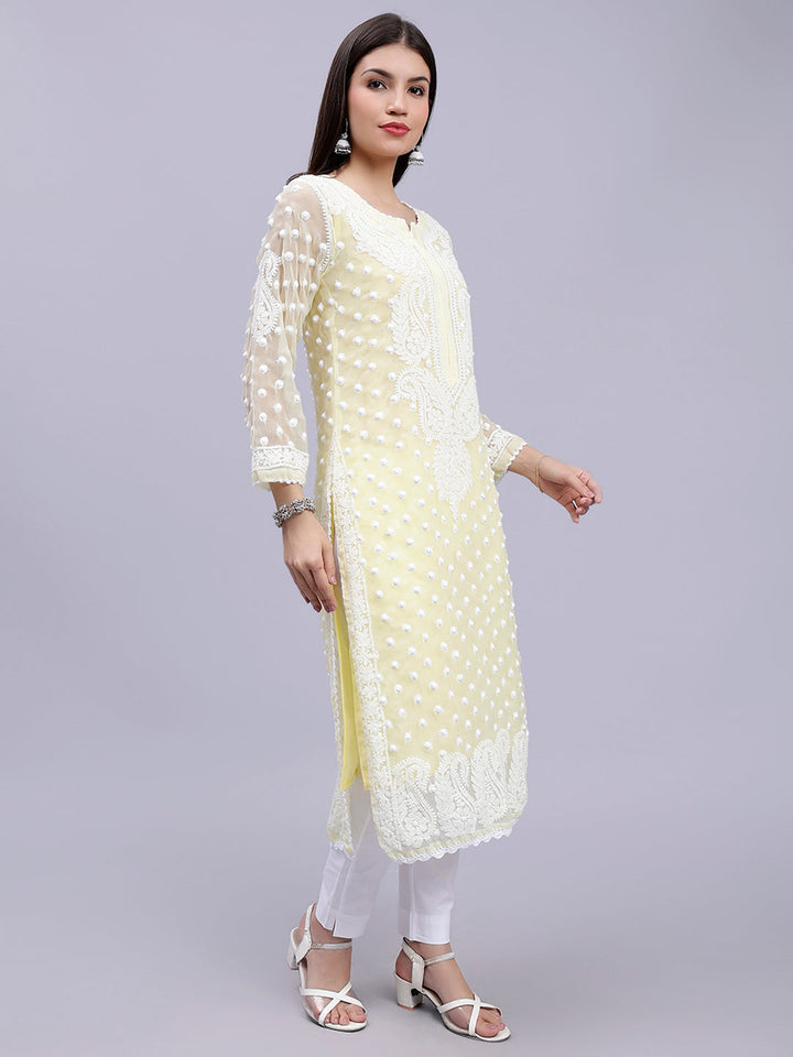Lemon Georgette Polka Dot & Paisley Chikankari Kurti with Slip