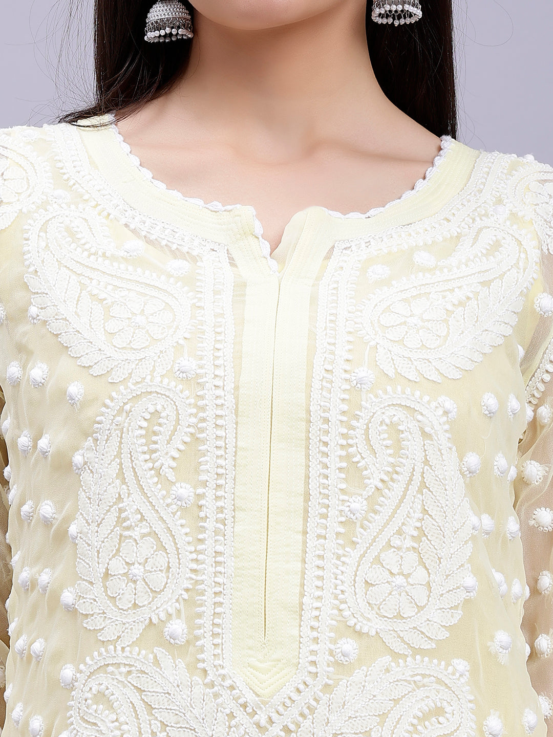 Lemon Georgette Polka Dot & Paisley Chikankari Kurti with Slip