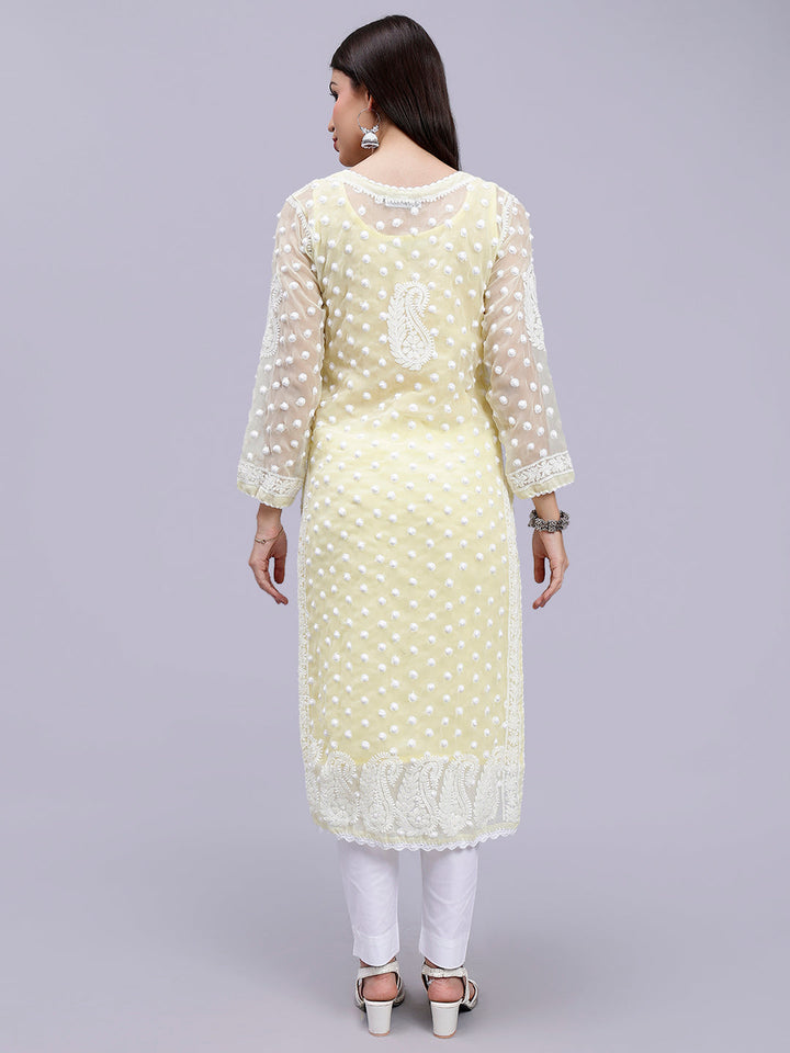 Lemon Georgette Polka Dot & Paisley Chikankari Kurti with Slip
