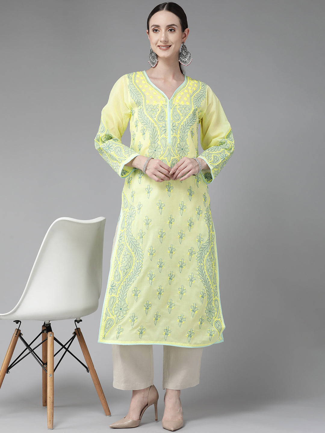 Lemon Yellow & Green Embroidered Chikankari Cotton Kurta