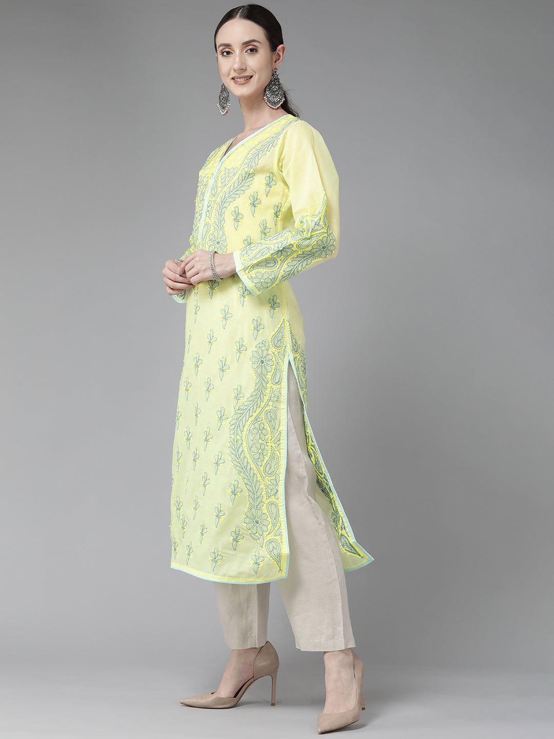 Lemon Yellow & Green Embroidered Chikankari Cotton Kurta