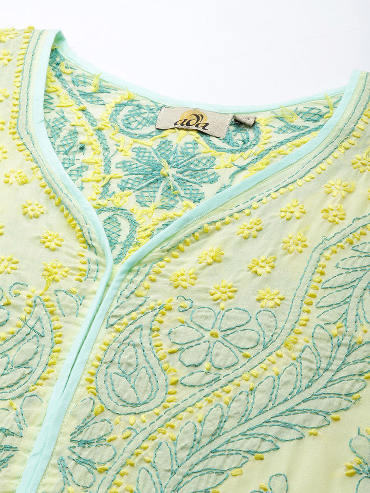 Lemon Yellow & Green Embroidered Chikankari Cotton Kurta