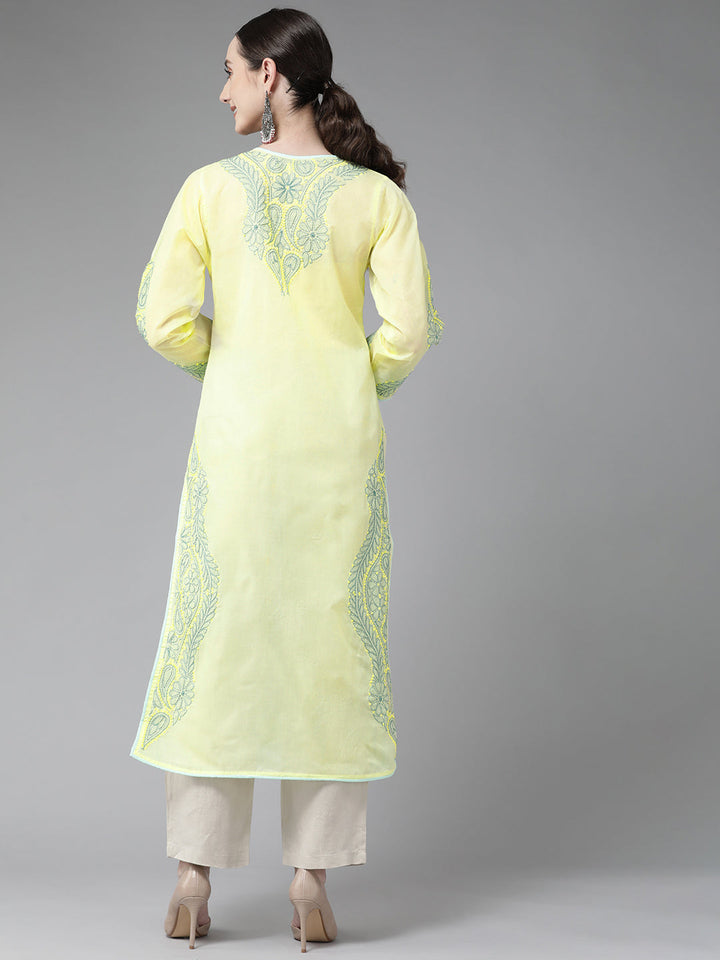 Lemon Yellow & Green Embroidered Chikankari Cotton Kurta