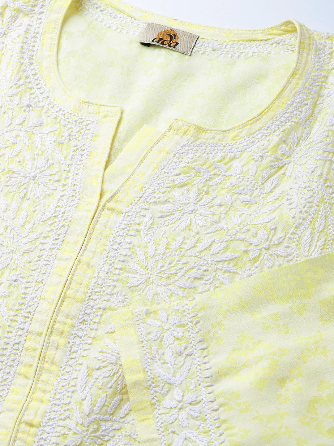 Lemon Yellow & White Embroidered Chikankari Cotton Kurta