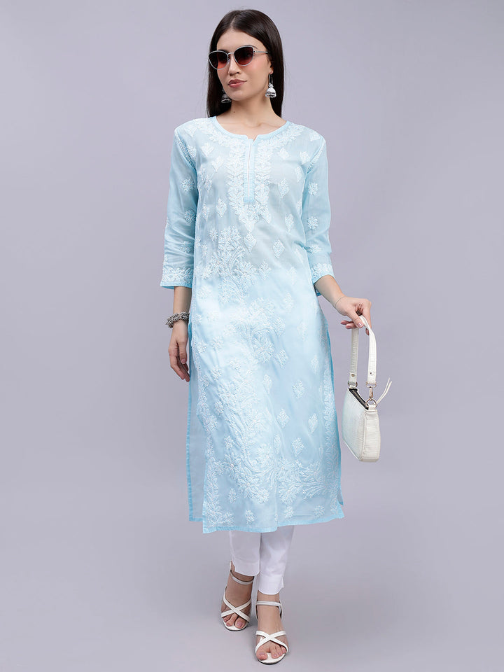 Light Blue Cotton Lucknowi Chikankari Embroidered Kurti