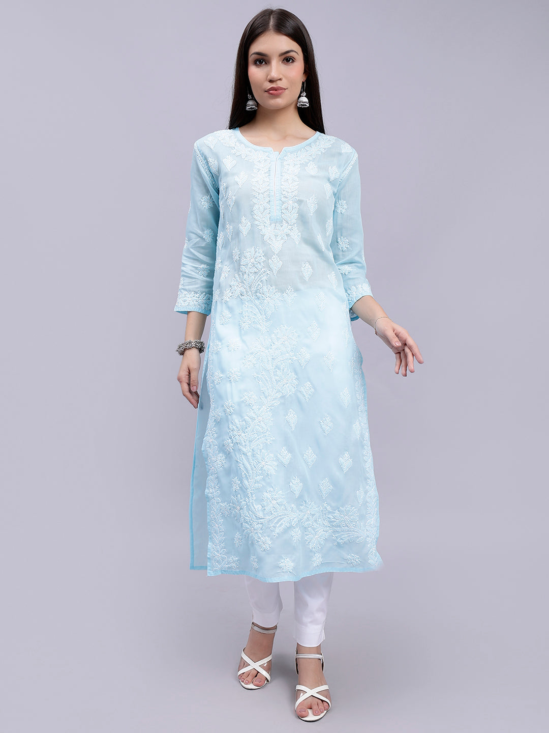 Light Blue Cotton Lucknowi Chikankari Embroidered Kurti