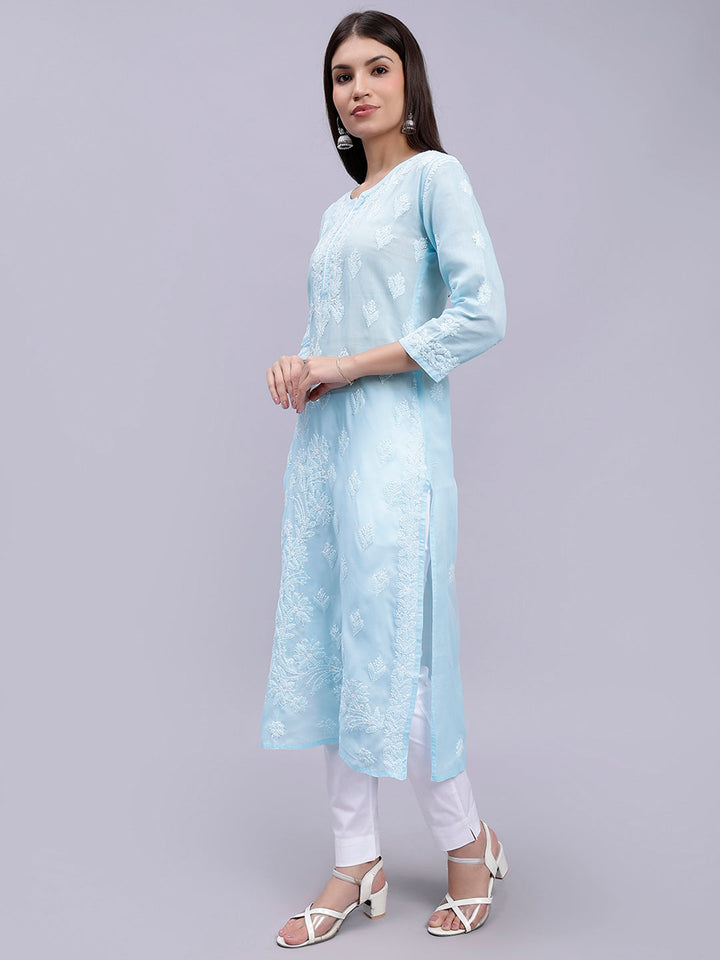 Light Blue Cotton Lucknowi Chikankari Embroidered Kurti