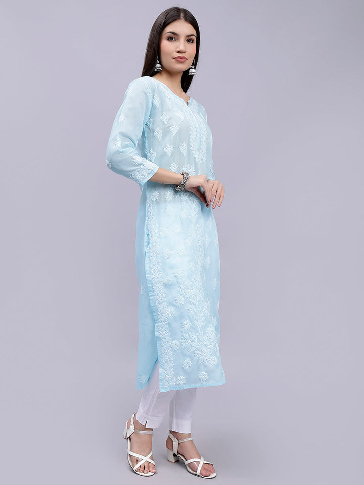 Light Blue Cotton Lucknowi Chikankari Embroidered Kurti