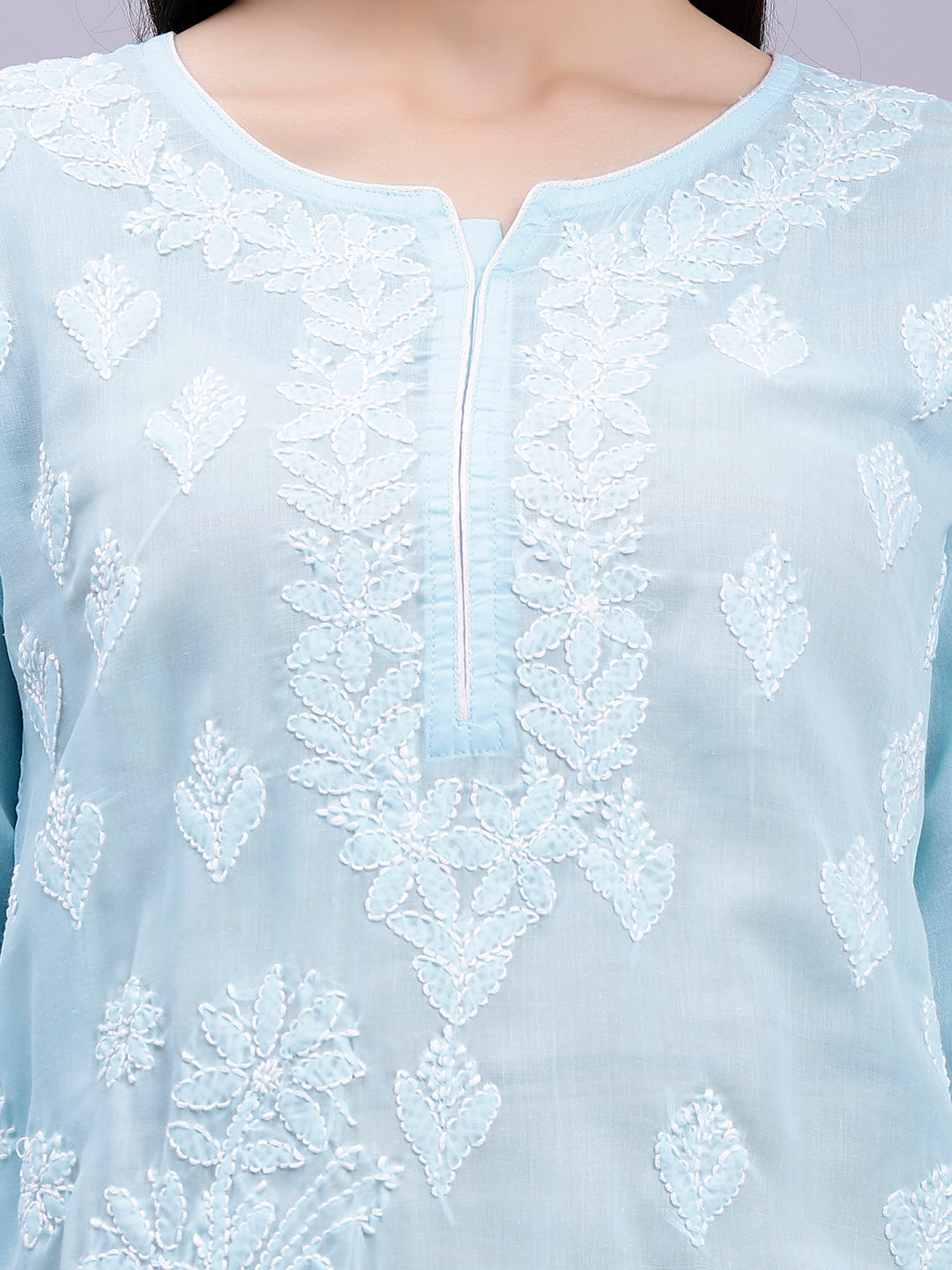 Light Blue Cotton Lucknowi Chikankari Embroidered Kurti