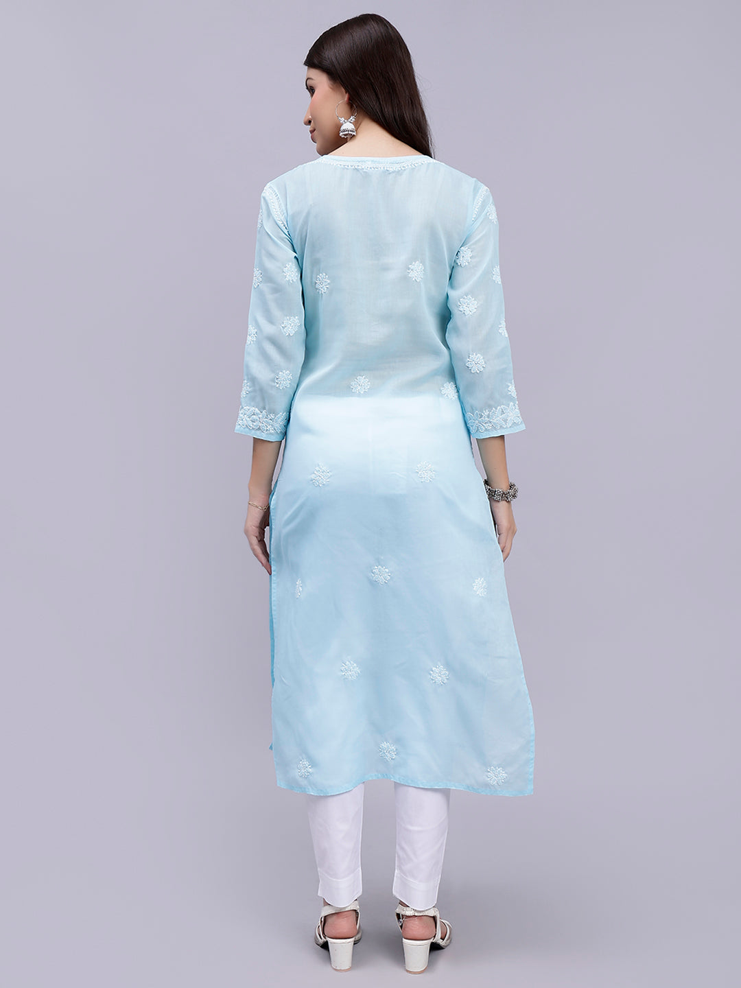 Light Blue Cotton Lucknowi Chikankari Embroidered Kurti