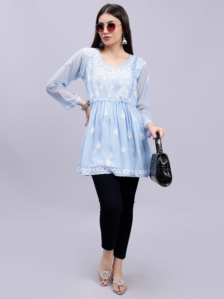 Light Blue Georgette Angarkha Chikankari Tunic With Slip