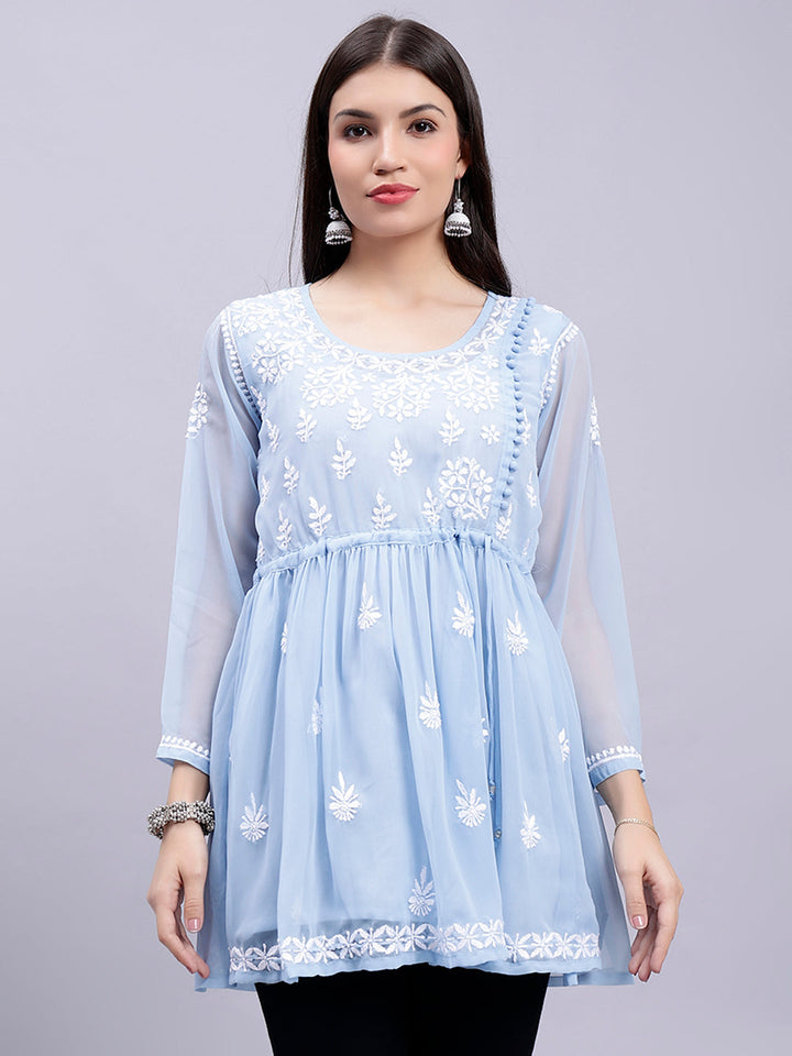 Light Blue Georgette Angarkha Chikankari Tunic With Slip