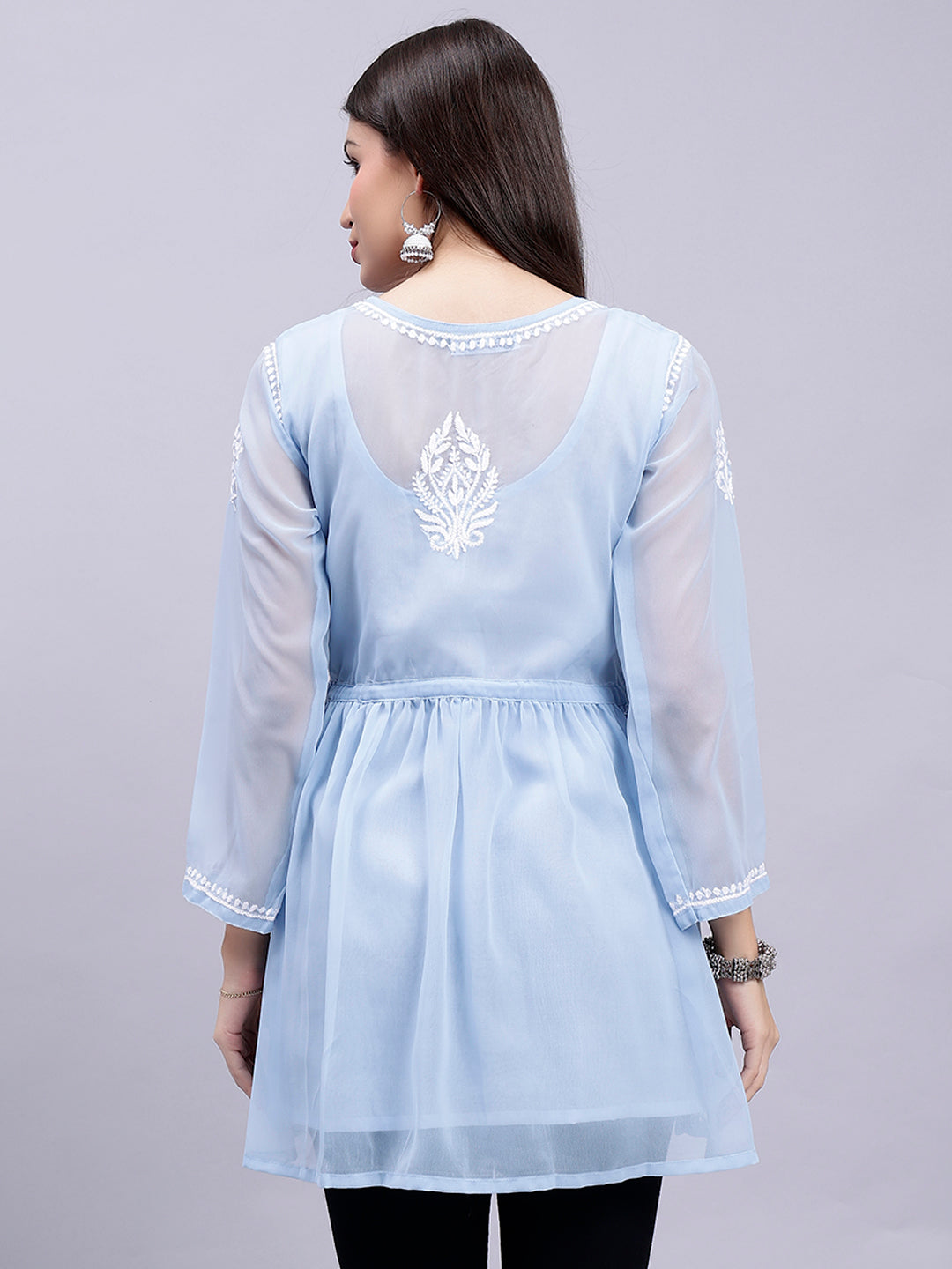 Light Blue Georgette Angarkha Chikankari Tunic With Slip