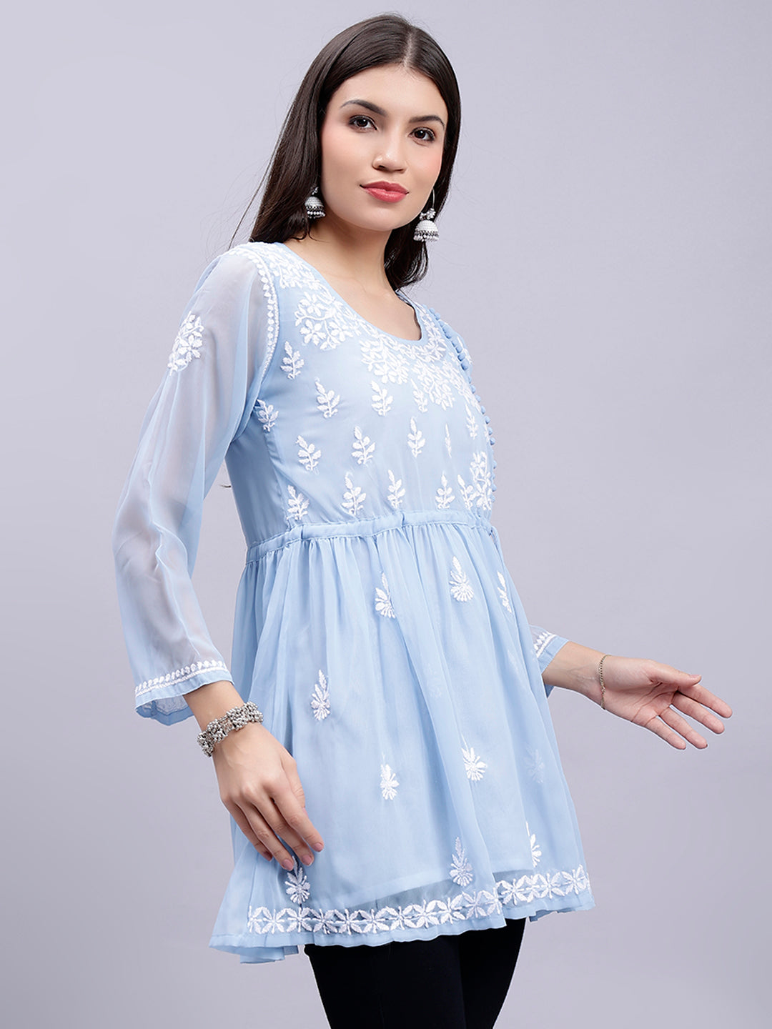 Light Blue Georgette Angarkha Chikankari Tunic With Slip